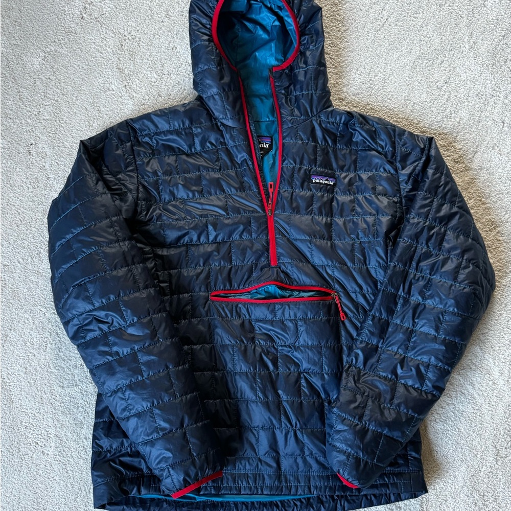 Patagonia Nano Puff Navy and Red Hooded Jacket - Picture 2 of 2